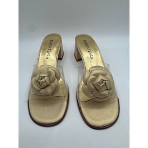 Vintage Ramon Tenza Gold Leather Floral Slide Sandals Clear Strap 8N Spain Rare